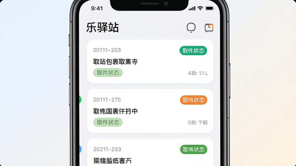 画面主体是一部手机竖屏特写,屏幕显示“乐驿站”包裹列表页面,多条包裹卡片按时间排列,带取件状态标签;布局为手机居中,背景为浅色渐变;排版简洁;风格为清新UI展示风;细节上卡片圆角统一,状态标签配色区分明显;画质高清,画面干净,无多余元素