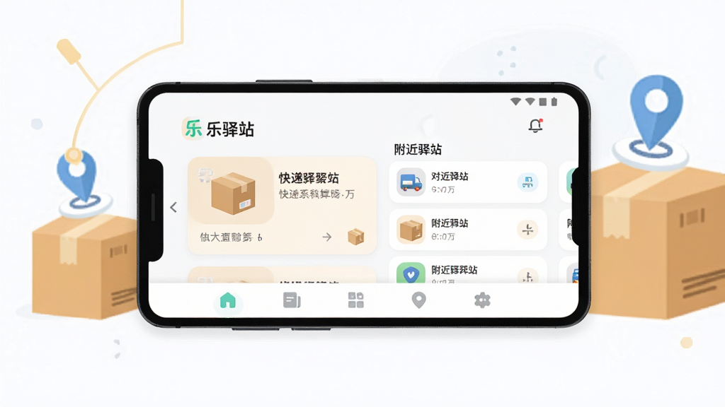 画面主体是一部横向放置的安卓智能手机,屏幕内展示“乐驿站”应用首页界面,包含快递包裹卡片、附近驿站列表和底部导航栏;布局采用居中构图,手机两侧点缀简约的包裹纸箱与定位图标;排版干净留白充足;风格为清爽扁平化UI插画风;细节上屏幕界面文字清晰可辨,图标圆润统一;画质高清,画面干净,无多余元素
