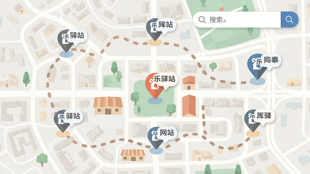 画面主体是一张城市社区地图俯视插画,地图上标注多个“乐驿站”网点图标与虚线路径;布局为地图铺满画面,右上角悬浮搜索框;排版层次分明;风格为现代扁平地图插画;细节上路径线条柔和,网点图标带定位气泡;画质清晰,画面干净,无多余元素