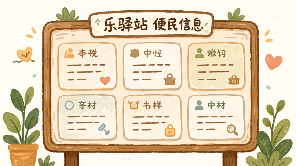 画面主体是一块信息公告板插画,板面分为多个信息卡片区域,标注“乐驿站”便民信息字样;布局为公告板居中,四周点缀绿植与小图标;排版整齐;风格为温暖手绘插画风;细节上卡片文字用横线示意,颜色柔和;画质清晰,画面干净,无多余元素