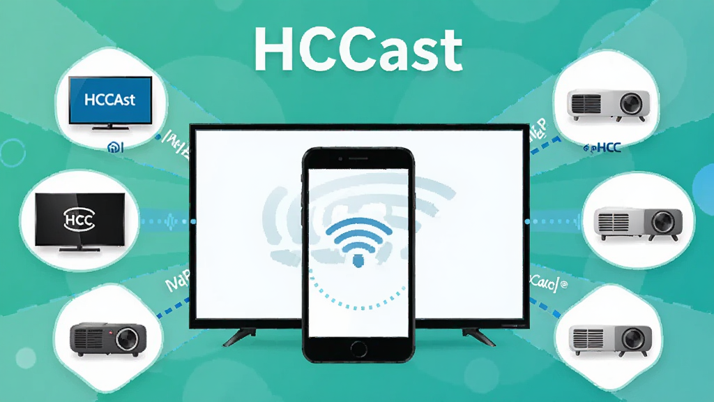 一张表现HCCast多协议兼容投屏功能的宣传图,主体为居中排列的手机与电视,手机周围环绕多个设备图标代表不同品牌电视和投影仪,布局呈放射状,排版清晰,风格为清爽科技插画,细节包含协议标识、连接线、设备小图标,画面中打文字