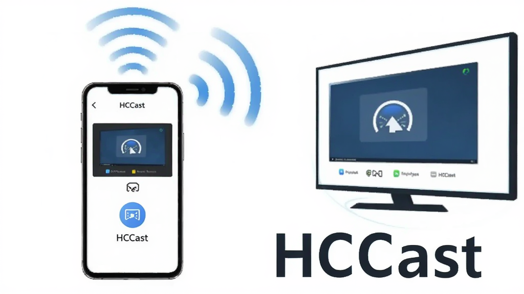 一张展示HCCast投屏软件的横版宣传图,主体为居中放置的智能手机,手机屏幕显示投屏连接界面,屏幕上方延伸出无线信号波纹连接到右侧的大屏幕电视,电视画面与手机画面同步,布局左中右结构清晰,排版简洁现代,风格为科技感扁平插画,细节包含投屏图标、信号线条、设备轮廓,画面中打文字