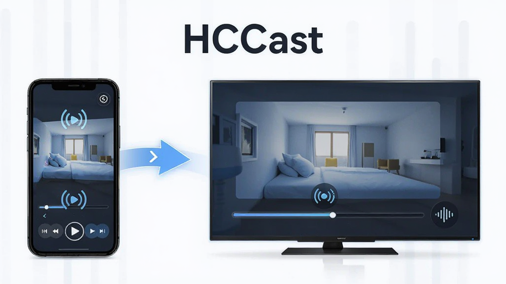 一张表现HCCast画面同步低延迟特性的宣传图,主体为左右并排的手机与大屏电视,两者画面内容完全一致,中间用同步箭头连接,布局对称,排版工整,风格为现代科技插画,细节包含同步符号、播放进度条、声波图标,画面中打文字