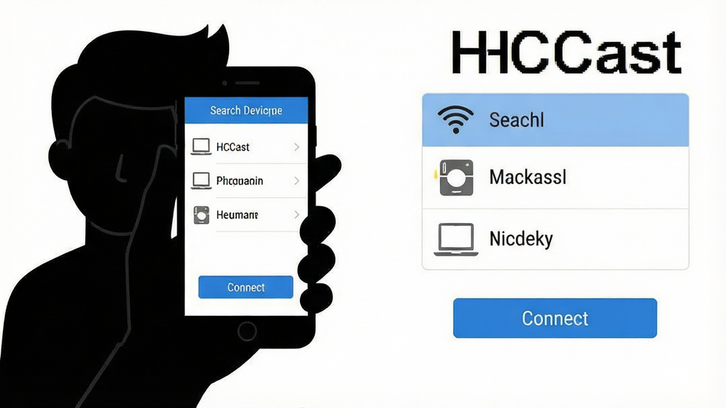 一张展示HCCast手机投屏连接方法的示意图,主体为手持手机的人物剪影,手机屏幕显示搜索设备列表,布局为人物在左、设备列表在右,排版直观,风格为简约扁平插画,细节包含WiFi图标、设备名称条目、连接按钮,画面中打文字