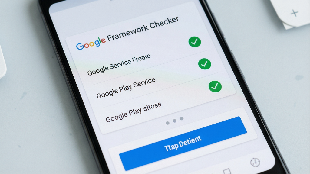 一张安卓手机屏幕特写,画面中央显示Google Framework Checker软件主界面,界面为浅色卡片式布局,顶部有软件名称