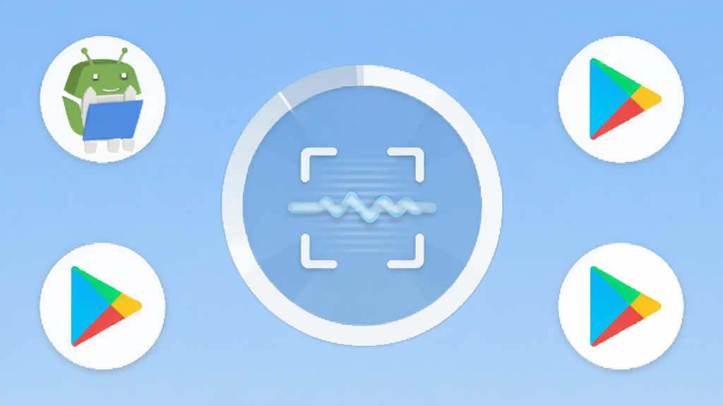 一张扁平化风格的手机界面示意图,画面主体为Google Framework Checker的检测进度界面,中央有圆形进度条与扫描动画,周围环绕谷歌服务框架、Play服务、Play商店三个小图标,背景为浅蓝色渐变,风格清爽现代,画质干净清晰,无多余装饰元素