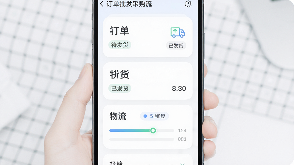 货源批发采购平台移动端订单与物流页面展示图,主体为手机界面中的订单状态卡片与物流进度条,布局为纵向列表排列,排版清晰有序,风格为柔和圆角卡片风,细节包含“待发货”“已发货”等中文状态标签,画质清晰,画面干净,无多余元素