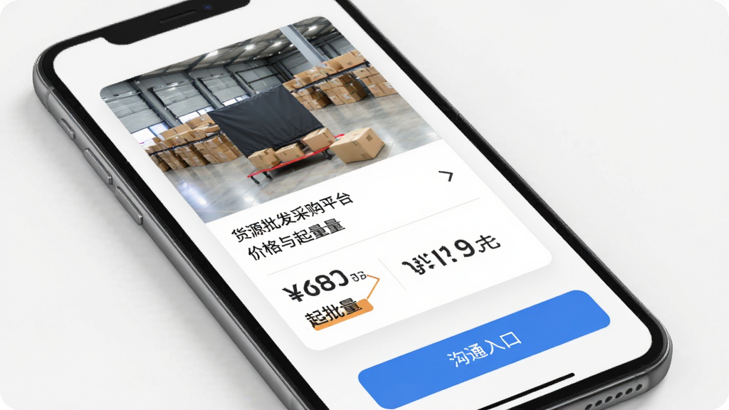 货源批发采购平台商品详情与沟通界面示意图,主体为手机屏幕中的商品信息卡片与聊天按钮,布局为上方商品大图、中部价格与起批量信息、底部沟通入口,排版层次分明,风格为简洁商务风,细节包含价格标签和中文“起批量”字样,画质高清,画面干净,无多余元素