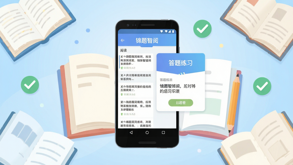 画面中央放置一部安卓手机,手机屏幕显示“锦题智阅”应用主界面,界面左侧为阅读文章列表、右侧为答题练习卡片,手机周围环绕翻开的书本、铅笔、对勾图标等学习元素,背景为浅蓝色渐变,整体采用扁平化插画风格,线条干净利落,色彩柔和明亮,排版居中对称,画质清晰锐利,画面干净无多余装饰元素