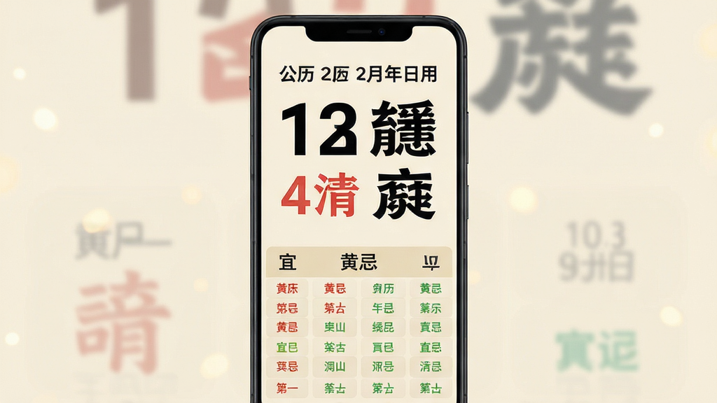 主体为一部竖屏安卓手机,屏幕中显示大字号日历界面,上方为公历日期与农历大字,下方为黄历宜忌条目,布局居中对称,风格为清爽扁平化UI设计,细节包含日期数字加粗、宜忌文字用红绿双色区分、背景为浅米色,画质清晰干净无多余元素,画质1080P