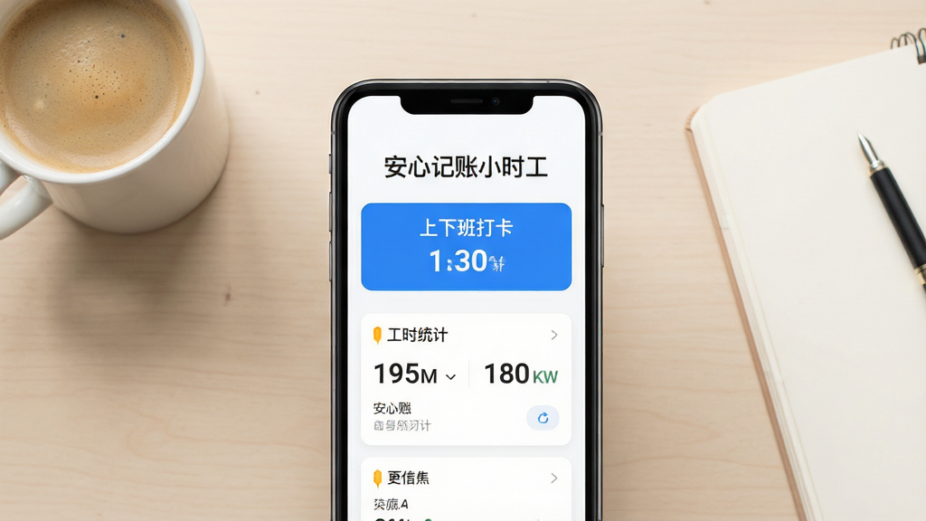 画面主体是一部智能手机,屏幕中央展示安心记账小时工APP的主界面,界面上有醒目的上下班打卡按钮和工时统计卡片,背景是干净整洁的浅色办公桌面,旁边放着一杯咖啡和一个笔记本,整体布局采用居中构图,风格为清新简约的扁平化UI展示风,细节上突出软件名称“安心记账小时工”字样和工时数字,画质清晰锐利,画面干净无多余元素