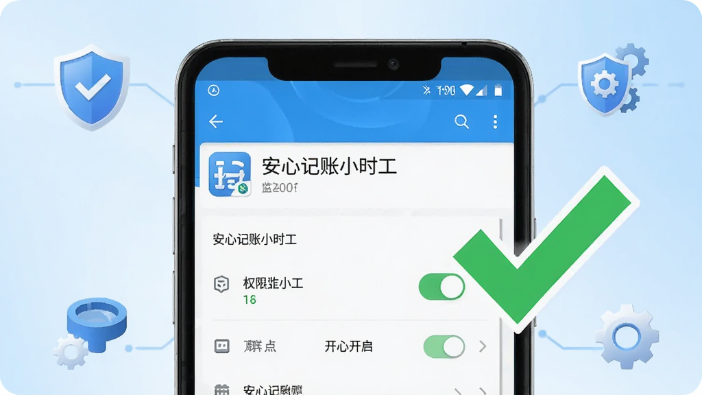 画面主体是一部安卓手机屏幕特写,屏幕上显示安心记账小时工的权限设置引导页面,旁边有一个醒目的绿色对勾图标表示权限已开启,布局采用手机居中、周围环绕盾牌和齿轮小图标的构图,风格为科技安全提示风,细节上手机界面清晰展示“安心记账小时工”应用名称和权限开关,画质干净明亮,背景为浅蓝色渐变