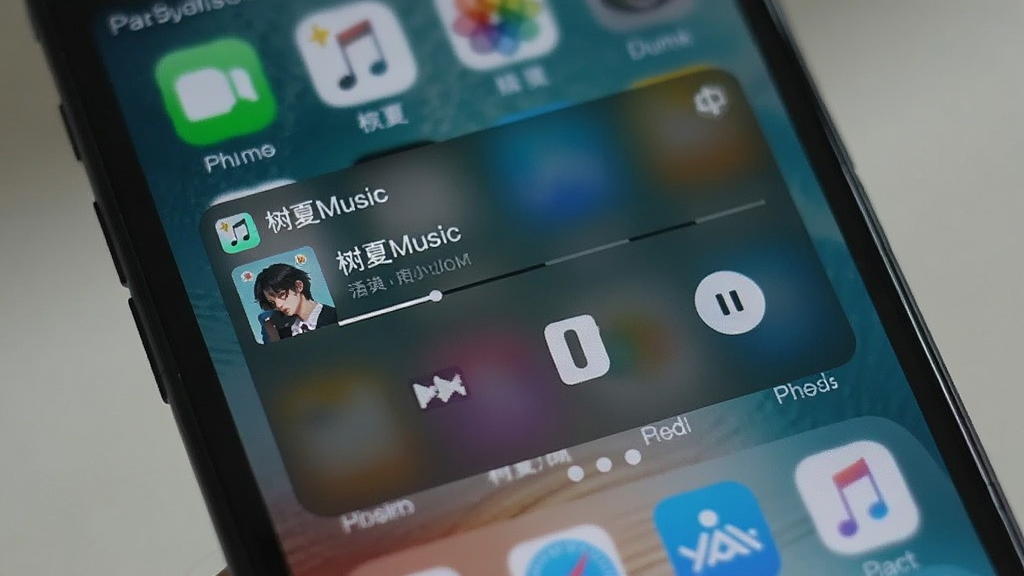 一张展示手机锁屏界面音乐控制卡片的图片,锁屏上显示着树夏Music的播放控制区域,包含歌曲信息和暂停按钮,背景为模糊的手机桌面壁纸,风格生活化真实感,画质清晰,画面中体现