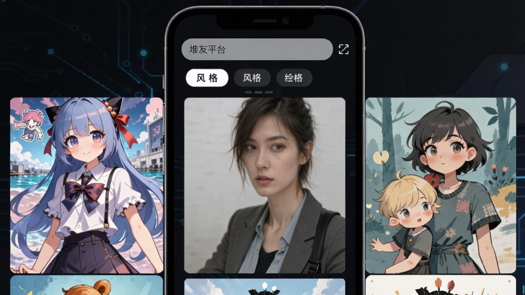 堆友平台AI绘画功能界面图,画面展示手机屏幕上输入文字描述后生成的多张风格各异的画作缩略图,包含动漫风、写实风、插画风三种风格并列排布,界面顶部有输入框和风格选择标签,整体风格科技感与艺术感结合,排版整洁有序,画质清晰干净,无多余元素