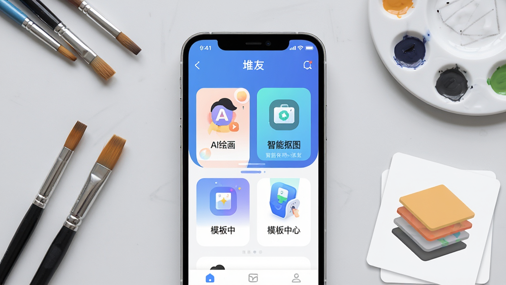 堆友平台主界面展示图,画面中央为手机屏幕,屏幕内呈现堆友平台应用首页,包含AI绘画、智能抠图、模板中心等功能入口图标,背景为浅灰色工作台环境,周围点缀画笔、调色盘、图层卡片等设计元素,整体风格清新简约现代,排版居中对称,画质干净清晰,无多余元素