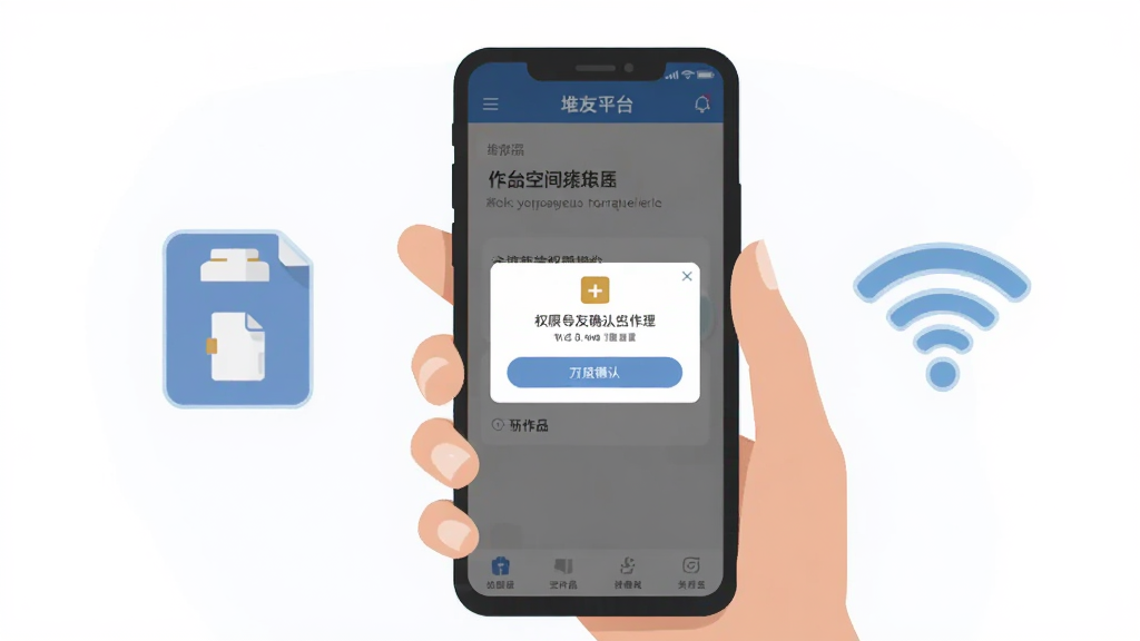 堆友平台安卓手机操作示意图,画面展示一只手握持手机,屏幕上显示堆友平台导出作品时的权限确认弹窗界面,旁边有存储空间图标和WiFi信号图标作为辅助元素,整体风格扁平化插画风,排版简洁明了,画质清晰干净,无多余元素