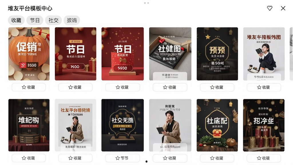 堆友平台模板中心界面图,画面展示手机屏幕内网格状排列的海报模板缩略图,包含促销、节日、社交配图等分类标签栏,每张模板缩略图下方有收藏按钮,整体风格整齐清爽,排版网格化有序,画质清晰干净,无多余元素