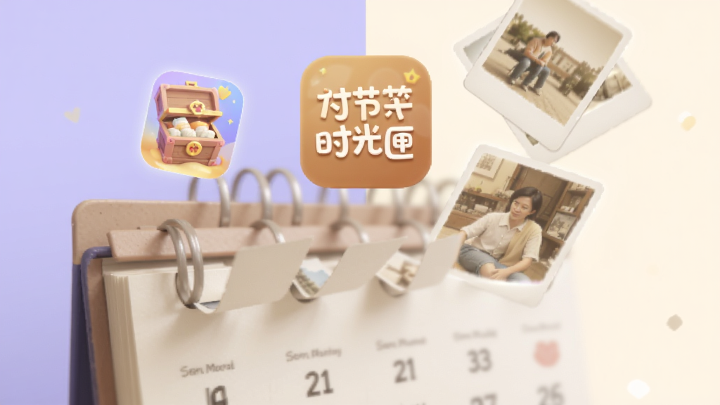 画面展示一个日历翻页动画效果,页面上方浮现出“时光匣”应用图标与若干记忆卡片,卡片边缘带有柔光,背景为淡紫色与米白拼接,风格温馨简洁,画质细腻,无多余文字元素