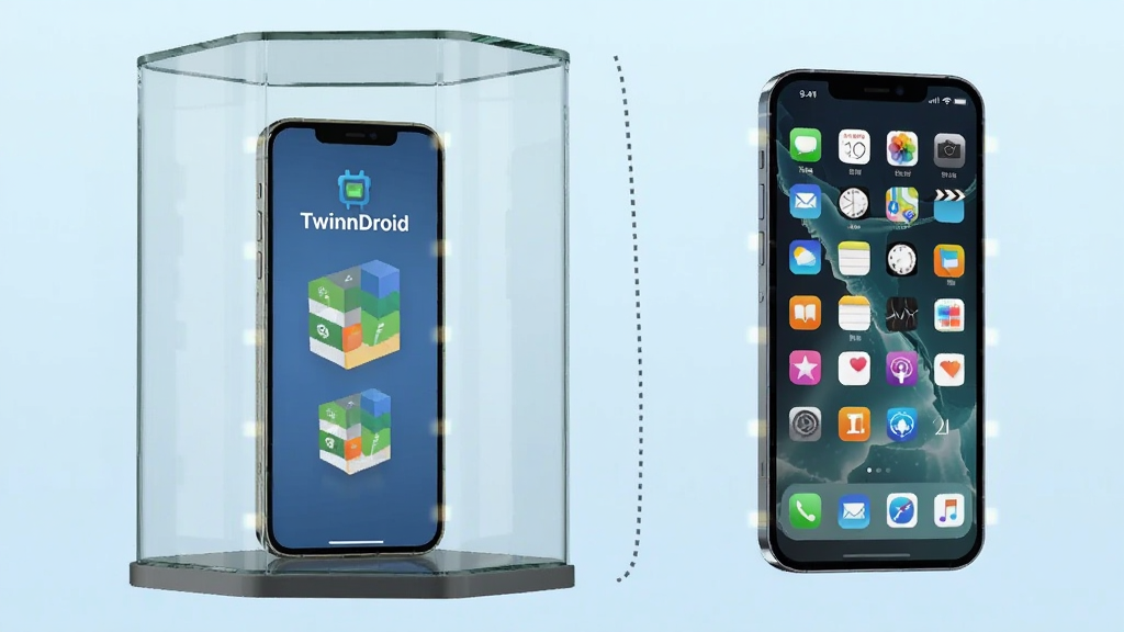 画面主体为一个透明玻璃罩内放置一部手机,罩内手机显示“TwinnDroid”标识与独立数据分区图标,罩外另有一部手机正常运行,两者之间用虚线隔开,背景采用淡蓝科技渐变,风格为简洁三维渲染,细节突出隔离与安全概念,画质干净清晰