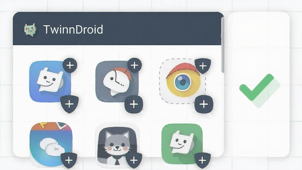 画面中央为“TwinnDroid”应用界面截图风格插画,界面中排列多个常见应用图标并带有“+”号添加按钮,右侧展示兼容性对勾标识,背景为浅色网格,风格为扁平UI插画,细节清晰,画质干净,无杂乱元素