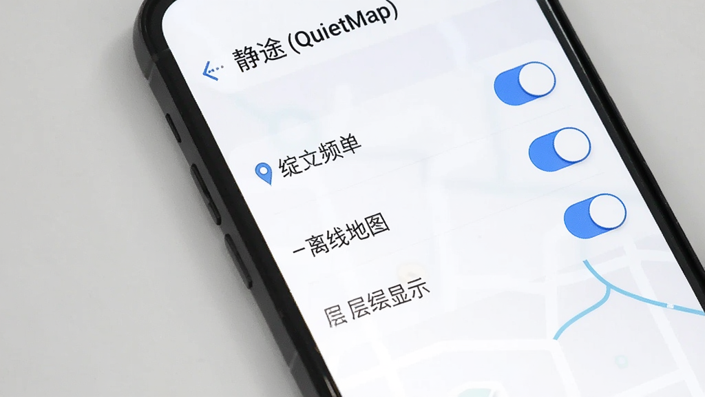 手机屏幕展示应用设置页面,有定位频率、离线地图、图层显示等选项开关,界面以白色为底,开关为蓝色,页面顶部显示