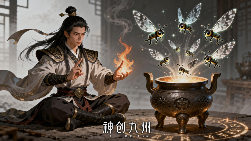 主体为一位修仙者端坐于丹炉前,双手掐诀操控灵火,丹炉中飞出数只发光的灵蛊,布局为左侧人物右侧丹炉的三角构图,排版上画面下方以篆体小字标注“神创九州”,风格为国风玄幻插画,细节包含升腾的炉烟、灵蛊翅膀纹理、地面符文阵,画质精致,干净无多余元素