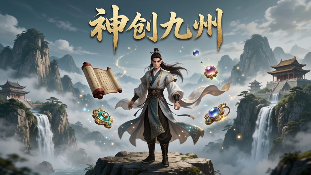 主体为一位身着国风仙侠服饰的修行者立于云雾缭绕的山巅,背景是层叠的青山与飞瀑流泉,画面中央悬浮着古朴卷轴与灵珠法宝,布局采用居中对称构图,排版上软件名称“神创九州”以金色书法字体置于画面上方,风格为国风仙侠CG插画,细节包含飘动的衣袂、灵光粒子、远处宫阙楼阁,画质高清细腻,干净无多余元素