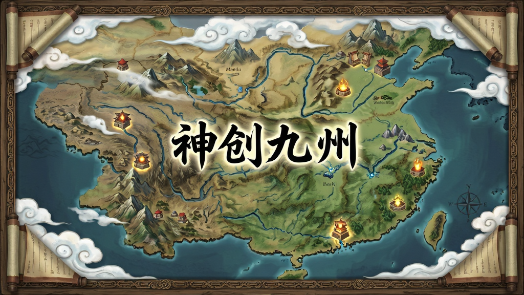 主体为九州大陆的俯瞰地图沙盘,山川河流与宗派据点错落分布,布局为环绕式全景构图,排版上画面四角点缀卷轴纹样并在中央浮现“神创九州”四字,风格为国风地图插画,细节包含发光的据点标记、飘动的云纹、古朴的边框装饰,画质清晰,干净无多余元素