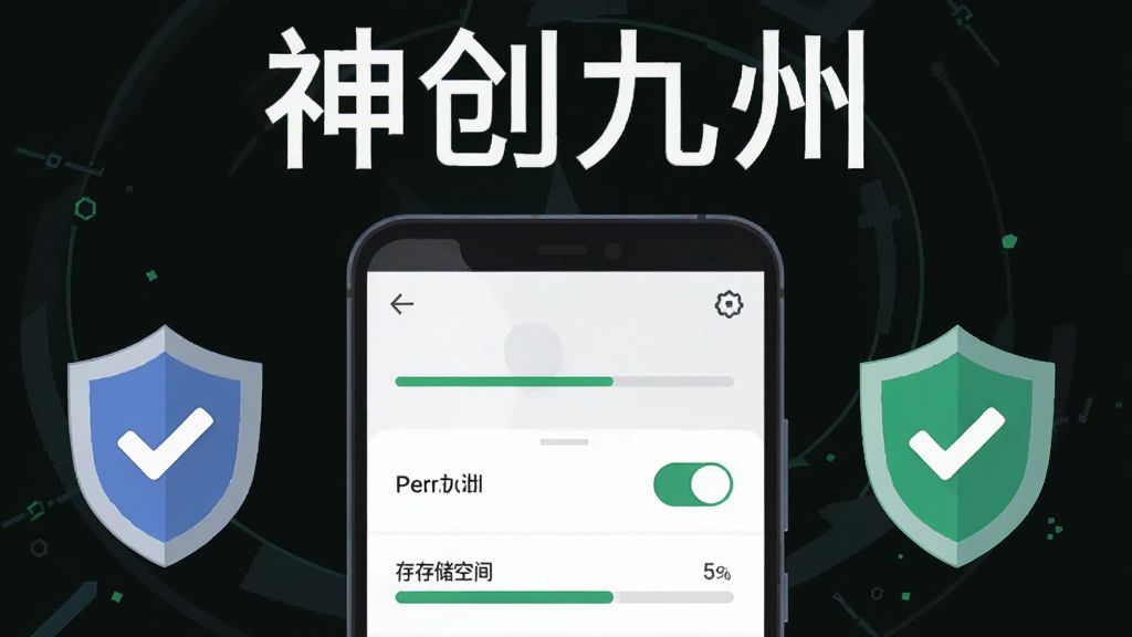 主体为一台安卓手机屏幕显示神创九州游戏安装界面,旁边配有盾牌与对勾图标,布局为居中手机主体加左右悬浮图标,排版上画面顶部以简洁字体写“神创九州”,风格为扁平科技插画,细节包含进度条、权限开关按钮、存储空间示意条,画质清晰,干净无多余元素