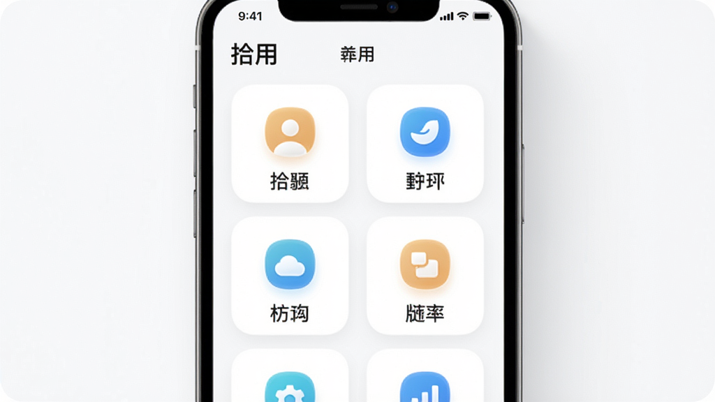 手机屏幕展示“拾用”应用内多个功能模块的网格布局,每个模块配有简洁图标和中文标签,界面背景为白色,图标采用圆角设计,整体排版整齐,风格清新明快,画质细腻无杂色