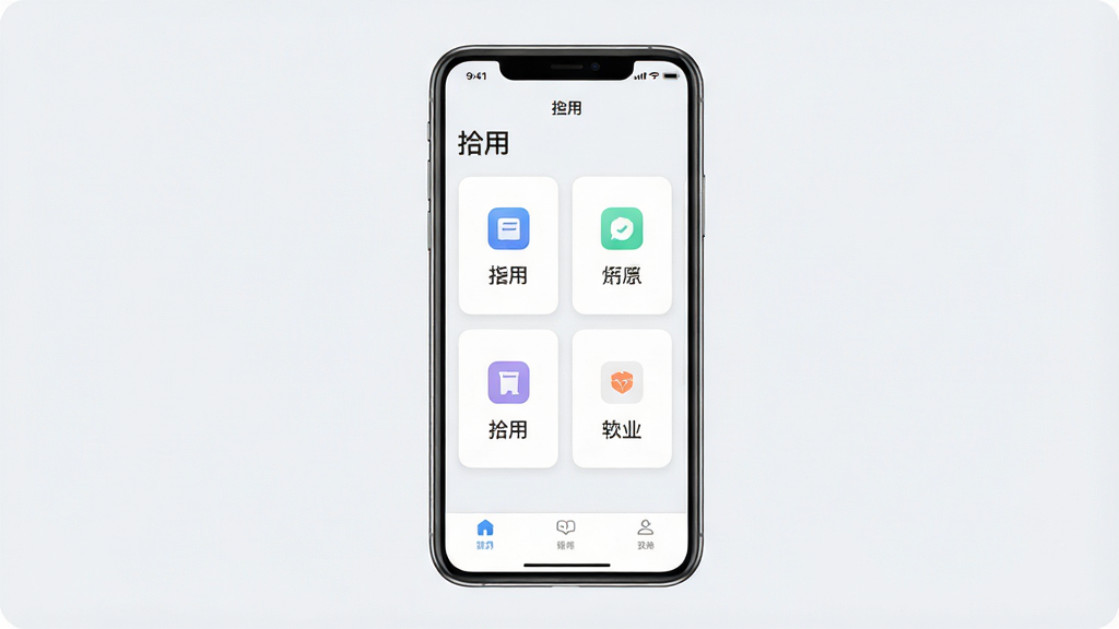 一张手机应用界面展示图,画面中央是一部竖屏智能手机,屏幕上显示名为“拾用”的App主界面,界面采用简洁的卡片式布局,包含几个功能入口图标和文字标签,背景为浅灰白色,整体风格清爽干净,排版居中对称,画质清晰,无多余装饰元素