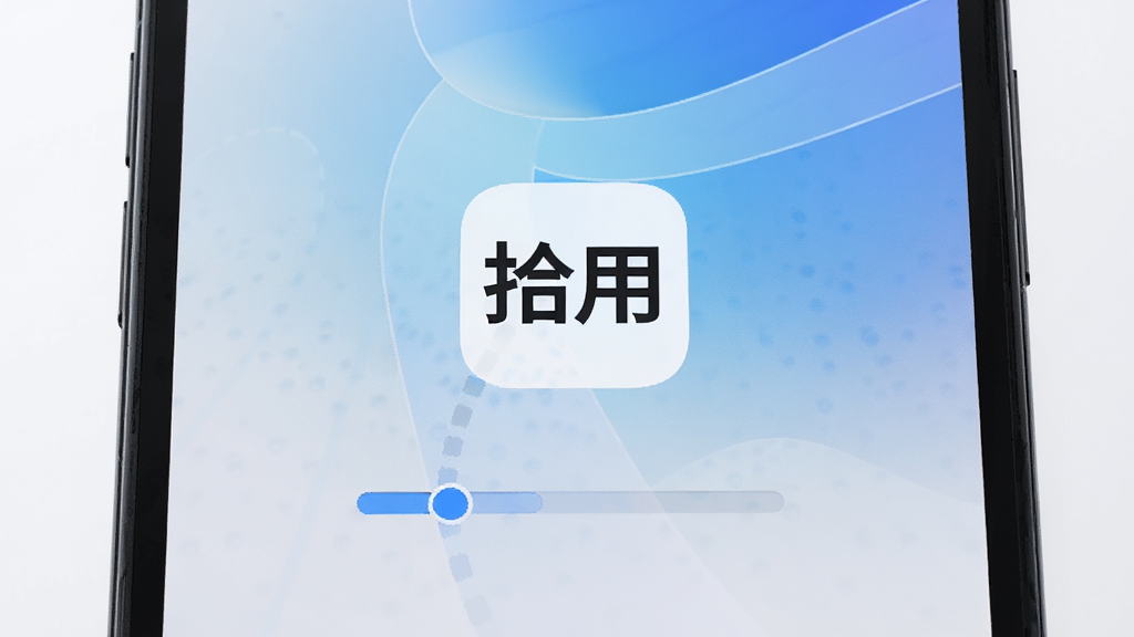 一部手机屏幕特写,屏幕上显示“拾用”应用图标和启动加载界面,图标下方有进度条动画,背景为柔和的蓝白渐变,画面风格简洁科技感,主体居中,画质干净清晰