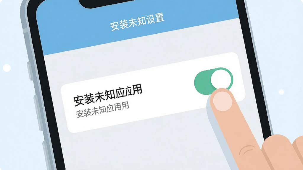 一张表现手机应用安装设置场景的示意图,画面为手机设置界面特写,屏幕上显示