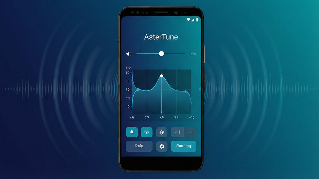 一张安卓手机界面展示图,主视觉为手机屏幕中央显示“AsterTune”软件主界面,界面包含音量滑块、均衡器曲线和几个功能按钮,布局简洁居中,风格为现代扁平化科技风,配色以深蓝与青色渐变为主,细节上手机周围有细微声波纹理装饰,画质清晰干净,无多余元素