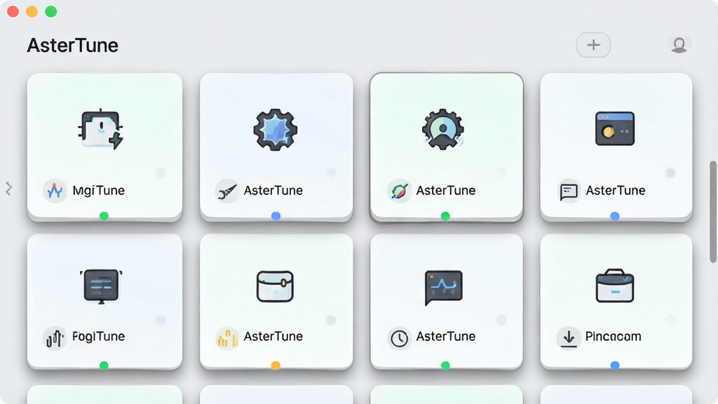 一张软件界面示意图,画面展示“AsterTune”预设方案选择页面,多个预设卡片以网格形式排列,每张卡片上有简洁图标与文字标签,布局整齐,风格为清新浅色卡片式设计,细节上卡片带有柔和阴影,画质清晰干净,无多余元素