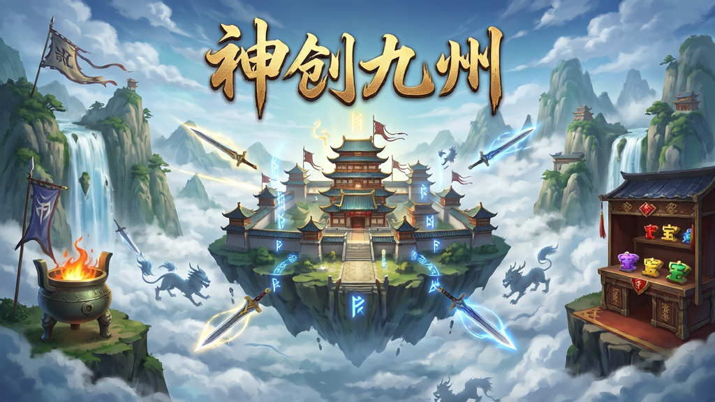 画面主体为神创九州游戏主界面场景,中央是一座悬浮于云海之上的仙侠城池,四周环绕青山瀑布与飞剑光影;布局采用中心对称构图,城池居中,左右两侧分别展示炼蛊鼎炉与珍宝鉴定台;排版上游戏名称“神创九州”以金色书法字体置于画面顶部正中,风格为国风玄幻CG插画,细节包含飘动的旗帜、灵兽虚影、符文光效与远山云雾,画质高清细腻,干净无多余元素