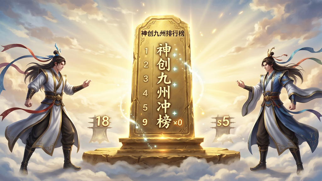 画面主体为神创九州排行榜界面,中央一座金色榜单石碑矗立于云端平台,碑面刻有排名文字“神创九州冲榜”;布局为石碑居中、两侧站立两位对峙的仙侠角色、背景为霞光万丈的天空;风格为国风玄幻宣传图风格,细节包含角色服饰飘带、石碑光效、排名数字微光,画质高清,干净无多余元素