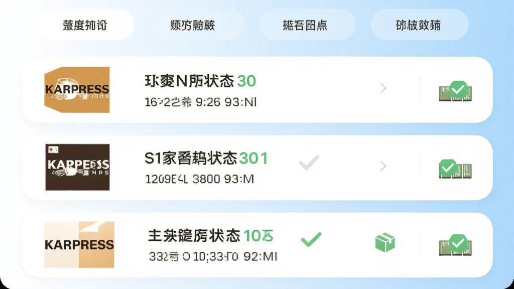 手机界面中多个快递单号卡片纵向排列,每张卡片左侧为快递公司图标,右侧为物流状态文字与时间,顶部有分类标签栏,背景为白色与浅蓝渐变,风格清爽简约,细节包含包裹纸箱图标与对勾标记,画质清晰,画面干净,无多余元素