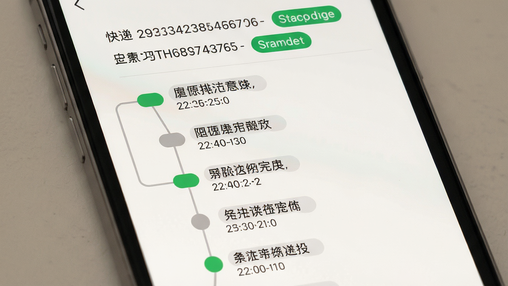 手机屏幕显示快递物流时间轴页面,竖向排列多个节点圆点与连接线,每个节点旁有文字说明与时间戳,顶部显示快递单号与状态标签,背景为浅色,风格为极简信息流设计,细节包含绿色已完成节点与灰色待更新节点,画质高清,画面干净,无多余元素