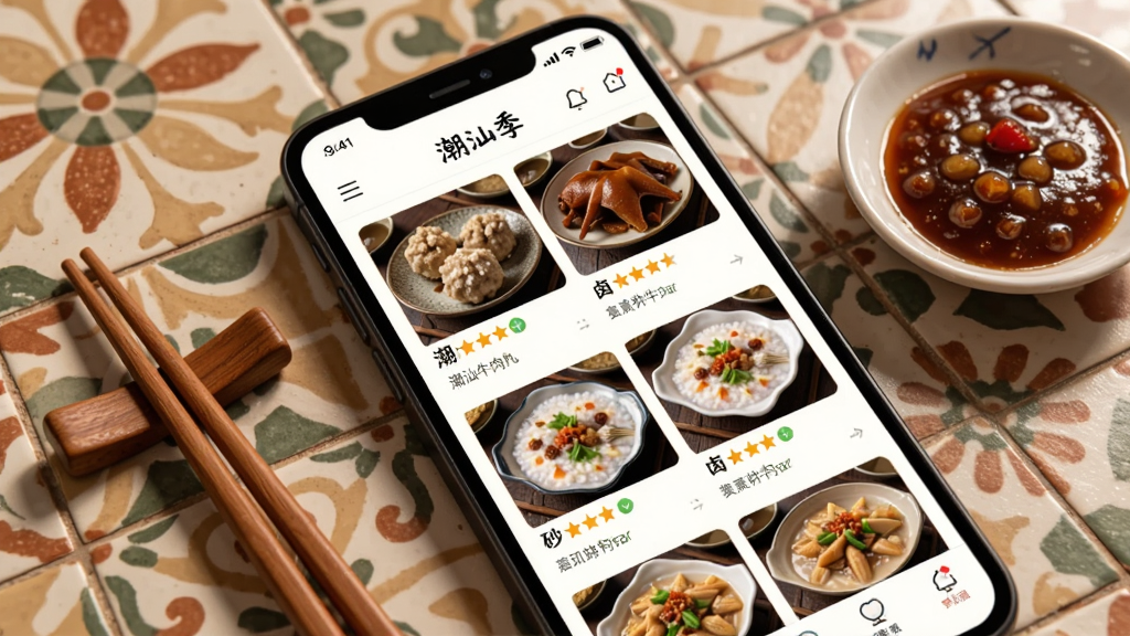 一张美食推荐功能展示图,画面为手机屏幕特写,屏幕中显示“潮汕季”APP的美食推荐页面,页面内呈现潮汕牛肉丸、卤鹅、砂锅粥等美食图片与店铺评分信息;手机放置在铺有潮汕特色花砖的桌面上,旁边配有一双筷子和一小碟沙茶酱;风格为美食摄影与UI展示结合风格,色调温暖诱人,细节清晰,画质干净,无多余元素