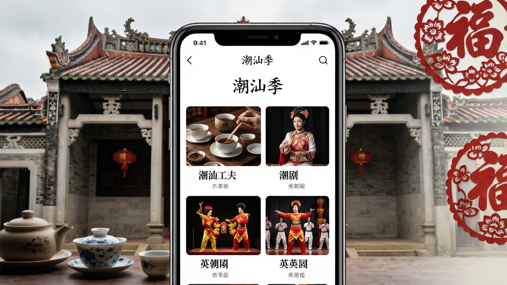一张文化解读功能展示图,画面为手机屏幕特写,屏幕中显示“潮汕季”APP的文化介绍页面,页面内呈现潮汕工夫茶、潮剧、英歌舞等图文内容;手机背景为潮汕传统祠堂建筑一角,点缀茶具与剪纸元素;风格为文化纪实与UI展示结合风格,色调沉稳雅致,细节丰富,画质清晰干净,无多余元素