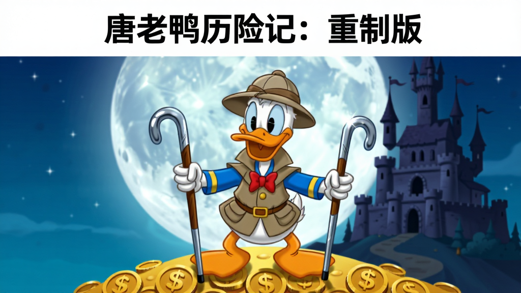 画面主体为唐老鸭身穿探险服手持拐杖站在金币堆成的山丘上,背景是巨大的月亮和复古城堡轮廓,布局采用居中构图突出角色形象,排版上方留白用于标题展示,风格为迪士尼手绘动画风格,细节包括唐老鸭的橙色嘴喙、蓝色水手服、拐杖金属反光以及金币上的美元符号,画质高清色彩饱满干净无多余元素,画面中打文字