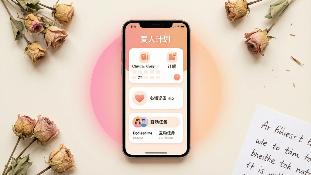 画面中央放置一部智能手机,屏幕显示“爱人计划”应用主界面,界面采用柔和暖色调,包含日历提醒卡片、心情记录图标和双人互动任务模块;手机周围环绕粉色与浅橙色渐变光晕,背景为干净的米白色桌面,桌面上散落几片干花与一张手写便签;整体排版居中对称,风格温馨简约,细节上突出界面图标的圆润感与文字清晰度,画质清晰锐利,干净无多余元素