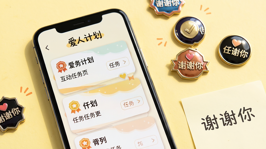 画面展示一部手机屏幕内呈现“爱人计划”互动任务列表,任务卡片排列整齐,每张卡片带有小徽章图标与简短任务描述;手机旁边散落几枚实体徽章与一张写有“谢谢你”的便签纸;背景为浅黄色,风格活泼温暖,排版手机居中偏左,细节上突出任务卡片的层次感与徽章的光泽,画质干净,无杂乱背景
