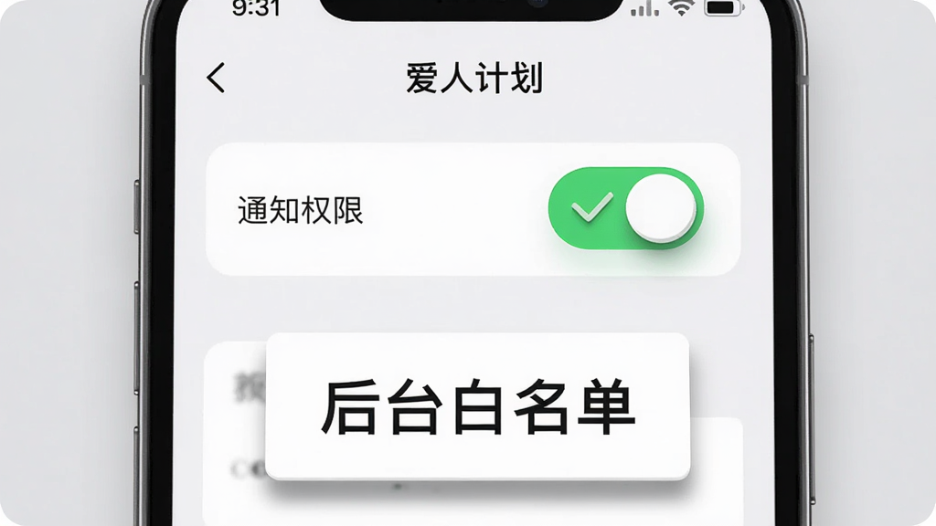 画面展示一部手机屏幕显示“爱人计划”设置页面,页面中通知权限开关高亮为开启状态,旁边有一个绿色对勾图标;手机下方放置一张写有“后台白名单”字样的提示卡片;背景为浅灰色,风格简洁明快,排版手机居中,细节上突出开关的立体感与提示卡片的阴影,画质清晰干净,无多余装饰