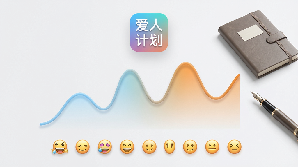 画面中央为一条平滑的心情波动曲线图,曲线颜色由浅蓝过渡到暖橙,图表下方排列若干心情表情图标;图表上方悬浮“爱人计划”应用图标,右侧有一本合上的日记本与一支钢笔;背景为干净的浅灰色,风格极简现代,排版居中,细节上突出曲线的渐变过渡与图标质感,画质清晰,无多余元素