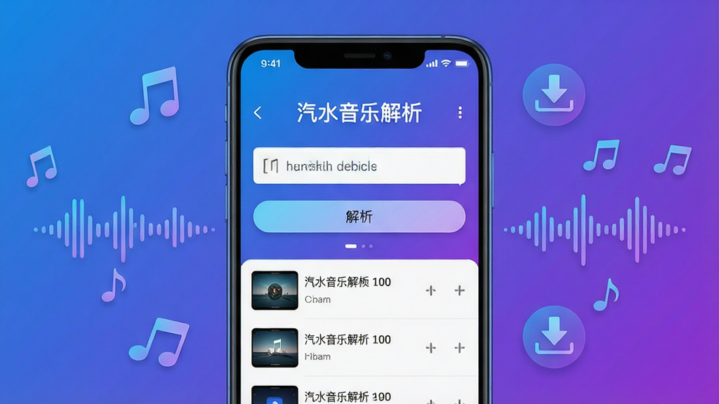 画面中心展示一部安卓手机,手机屏幕上呈现清爽的音频解析工具界面,顶部有“汽水音乐解析”字样,界面中部是一个粘贴链接的输入框和解析按钮,下方排列着已解析完成的音频文件列表。手机周围散落着音符图标、下载箭头和音频波形装饰元素,整体采用蓝紫渐变科技风格,布局居中对称,细节干净利落,画质清晰锐利,无多余杂乱元素。