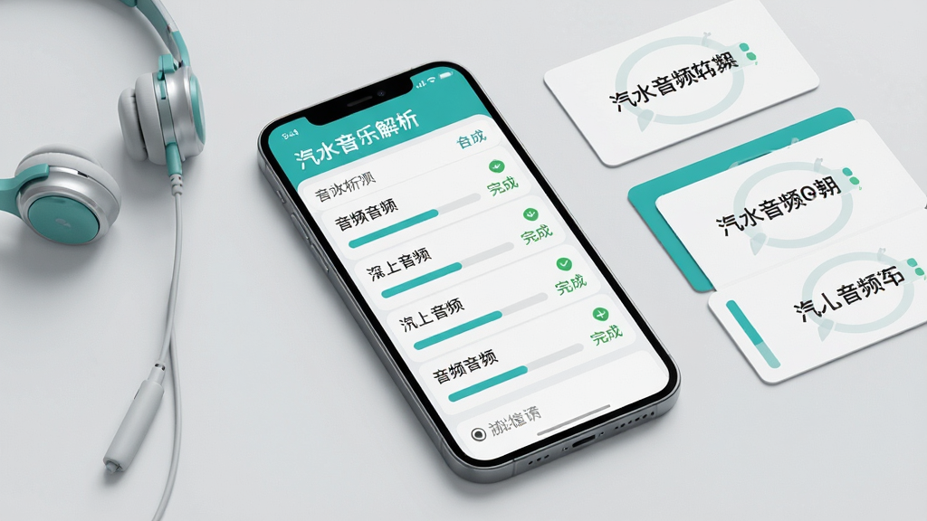 画面展示一部手机横向放置,屏幕上呈现批量解析任务列表界面,列表中有多个音频文件条目,每条带有进度条和完成状态图标,顶部显示“汽水音乐解析”标题。手机旁边放置着耳机和几张标注着音频格式的卡片,整体采用浅灰色与青绿色搭配的简约商务风格,布局整齐有序,细节精致,画质高清,无多余元素。