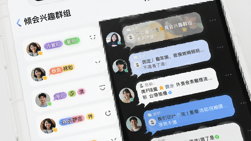 一张展示倾会兴趣群组页面的界面示意图,画面主体为手机屏幕上的群组列表与讨论气泡,布局为左右分栏排版,风格现代简洁,细节包含彩色标签与圆角卡片,画质清晰,干净无多余元素
