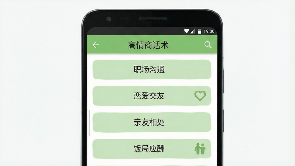 一张手机应用界面示意图,画面主体是一部安卓手机,屏幕内展示“高情商话术”软件的首页分类列表,可见“职场沟通”“恋爱交友”“亲友相处”“饭局应酬”等分类标签整齐排列,界面风格简洁明快,配色以白色和浅绿色为主,背景干净,画质清晰,整体呈现清爽的工具类应用视觉